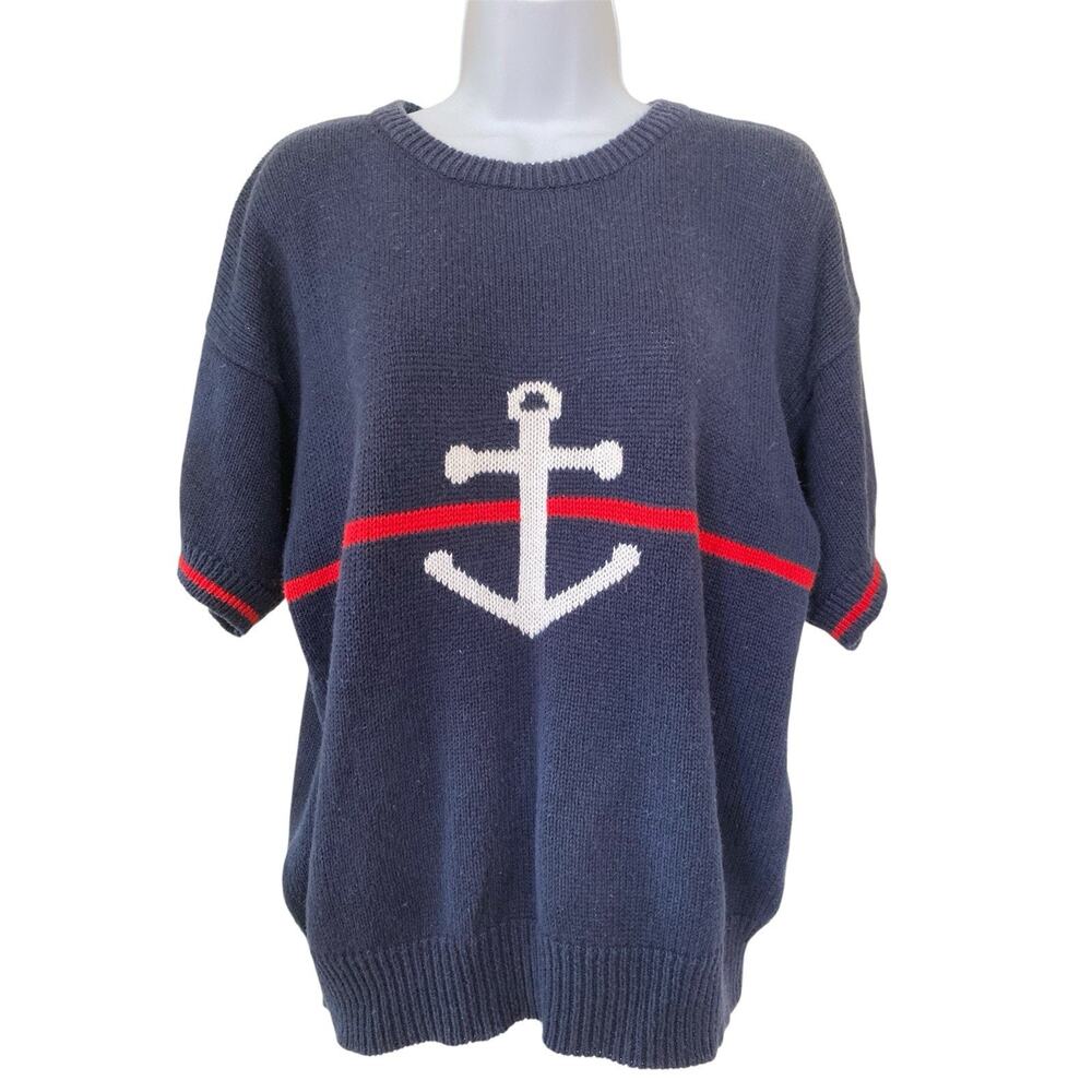 Vintage 80s 90s Anchor Sailing Boating Cottage Coastal Nautical Beach Knit Top M